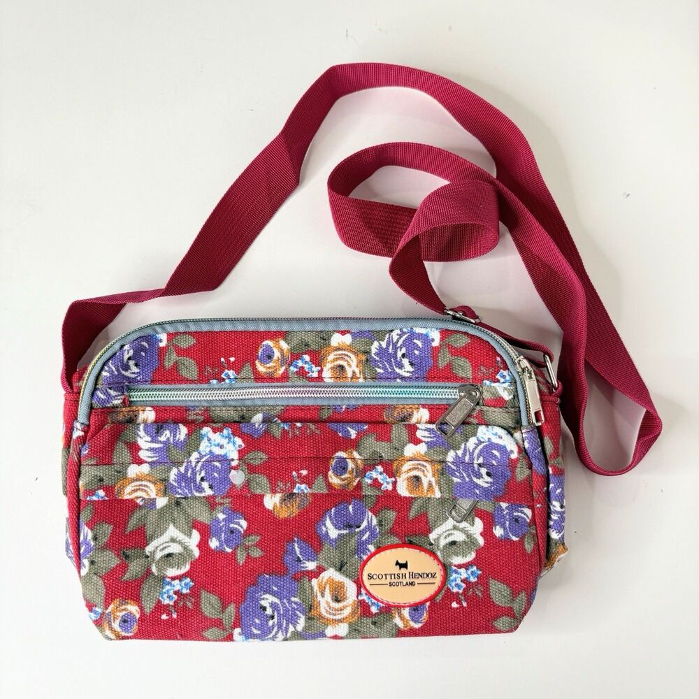 Scottish Hendoz Crossbody Purse Red Floral Canvas Fabric EUC